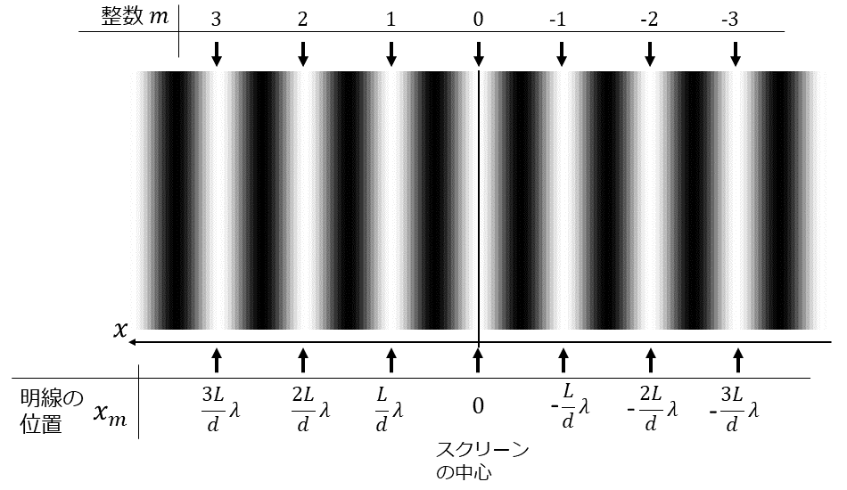 干渉縞の条件の整数mと明線の位置の関係